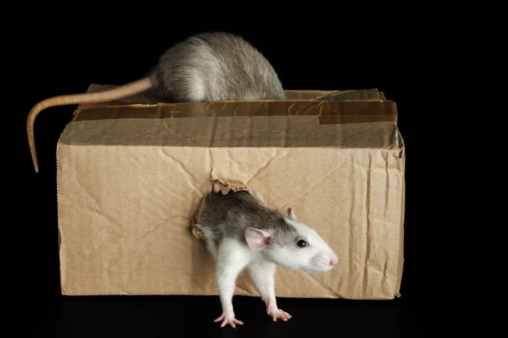 5 Signs You Have a Rodent Problem (And What to Do Next) 3 colored rat comes out hole gray mouse sits cardboard box pests isolated black background lettering 1