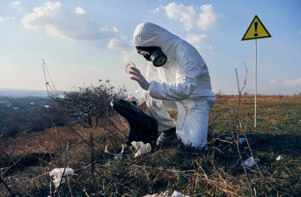 How to Get Rid of Fire Ants in Your South Texas Yard 1 researcher protective suit collecting plastic garbage into black waste bag outdoors sunny day 1